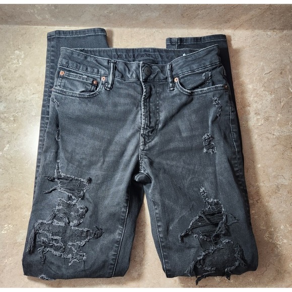 American Eagle Jeans Men 29X32 Black Athletic Fit Stretch Grunge Distressed - Picture 1 of 6